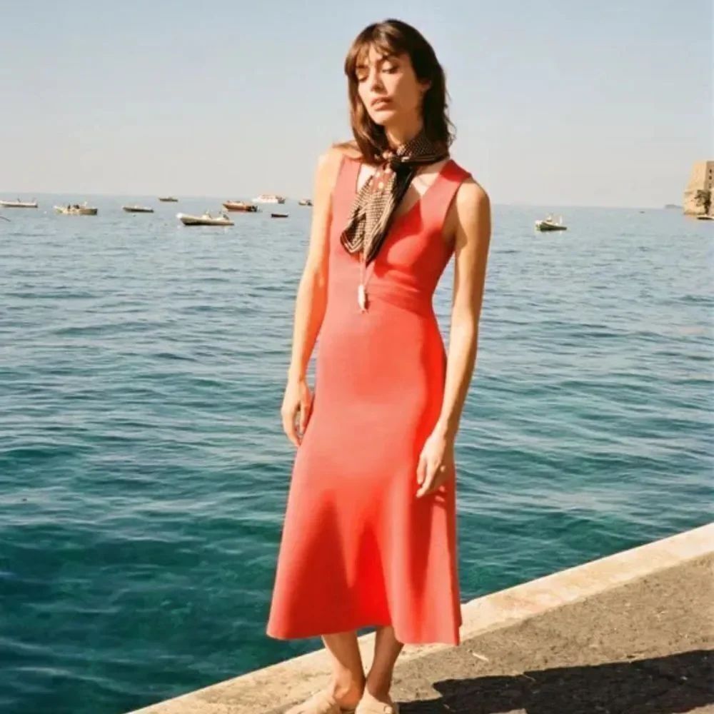 Zara Cotton Blend Sleeveless Stretch Midi Dress In Orange Red Size L